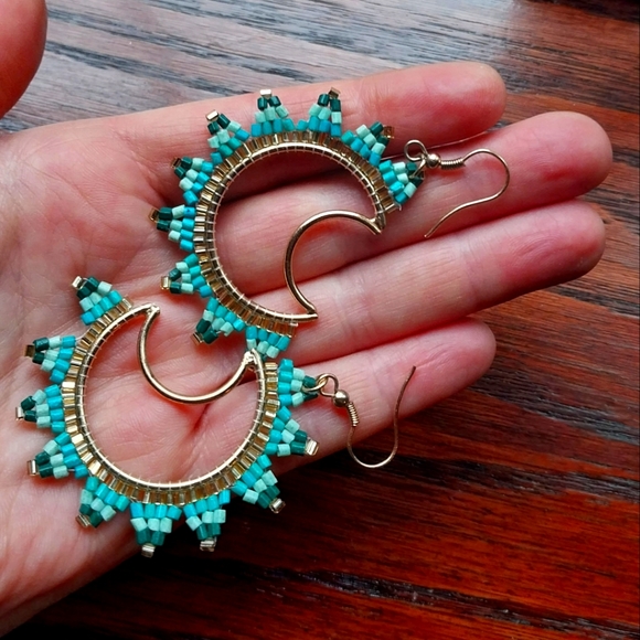 Handmade Turquoise Moon Beaded Earrings - Picture 3 of 3